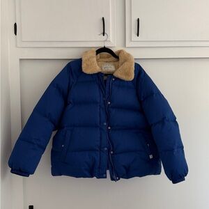 Tiny Big Sister Blue Puffer Jacket with Faux Shearling Collar - Size 42